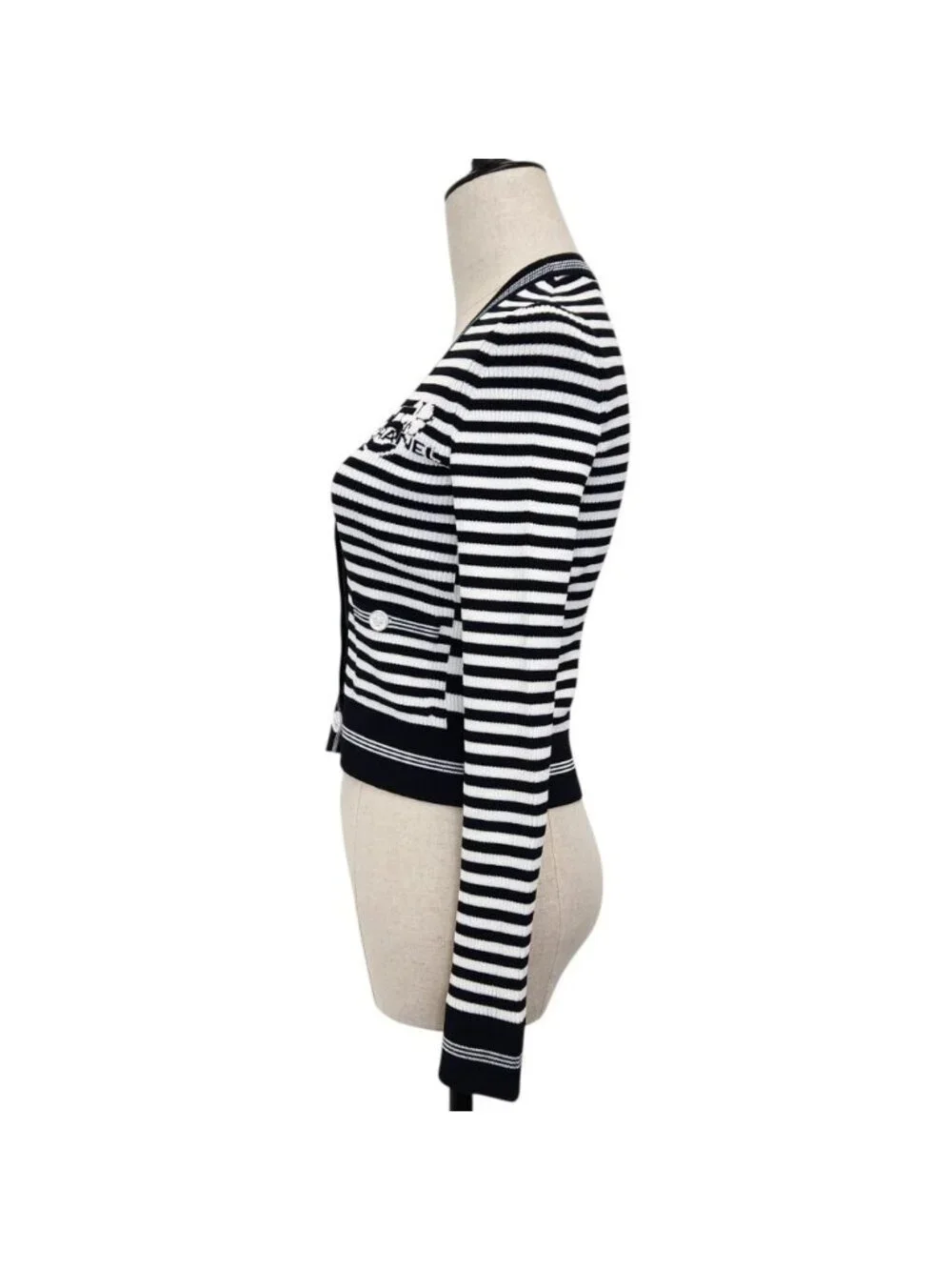 Chanel Marine Stripe Knit Cardigan Navy White